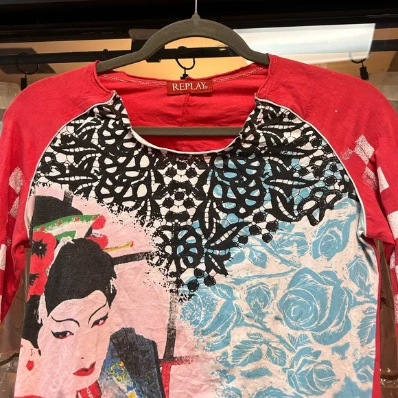 ▪️sold▪️vintage euro replay red geisha checkerboard long sleeve t shirt - Picture 2 of 8